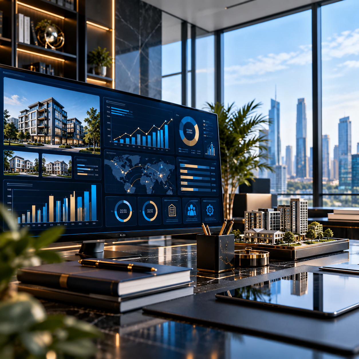 Modern corporate office with digital business analytics dashboard representing Beyzaa Global Enterprise services