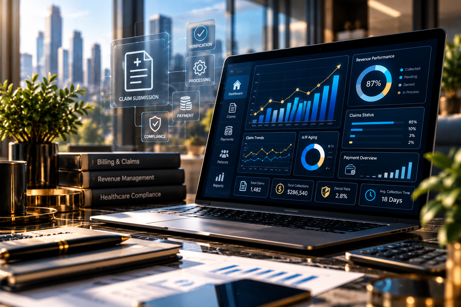 Healthcare revenue cycle management dashboard displaying medical billing analytics, claims processing and financial reports