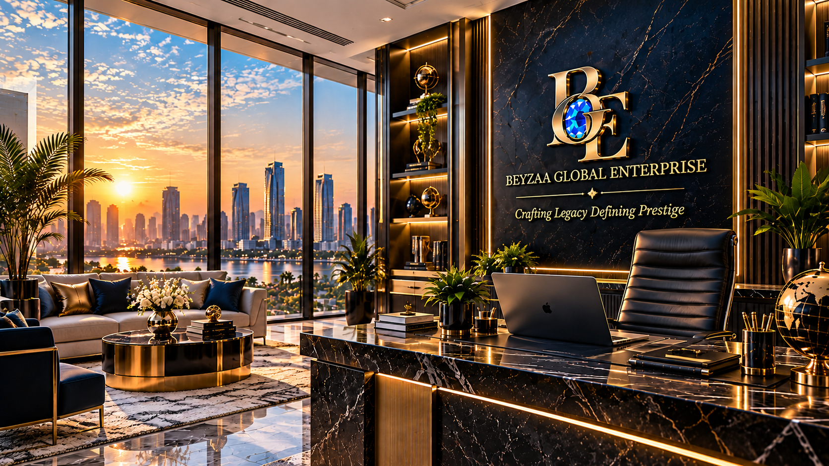 About Beyzaa Global Enterprise - branded corporate office interior featuring the company logo and modern city skyline