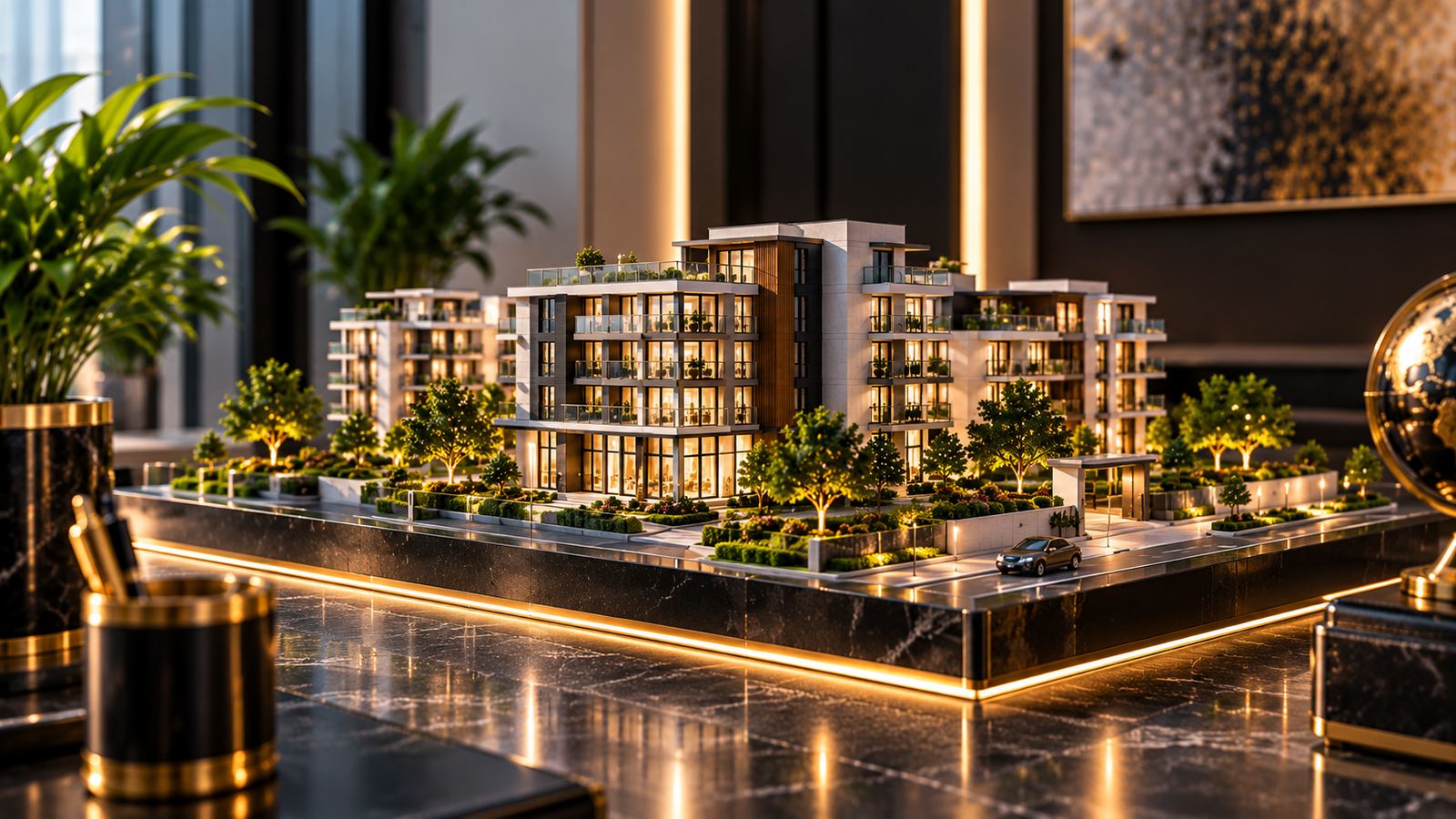Architectural model of residential properties representing virtual property management services