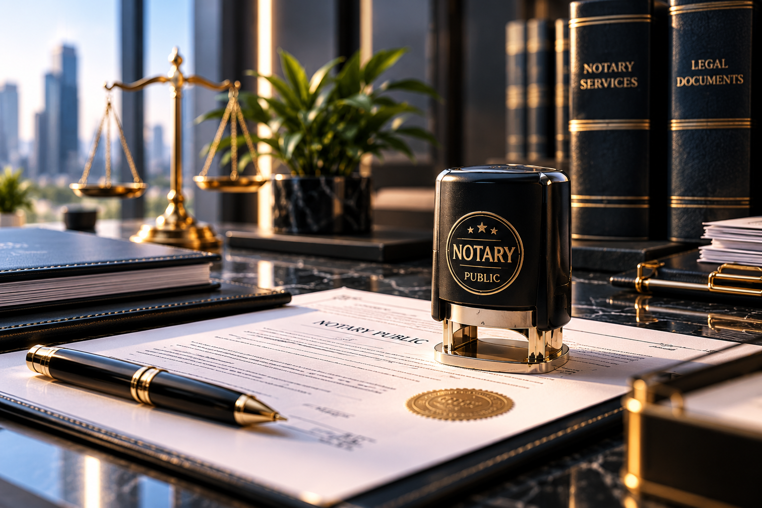 Notary stamp and legal documents on an office desk representing professional notary services